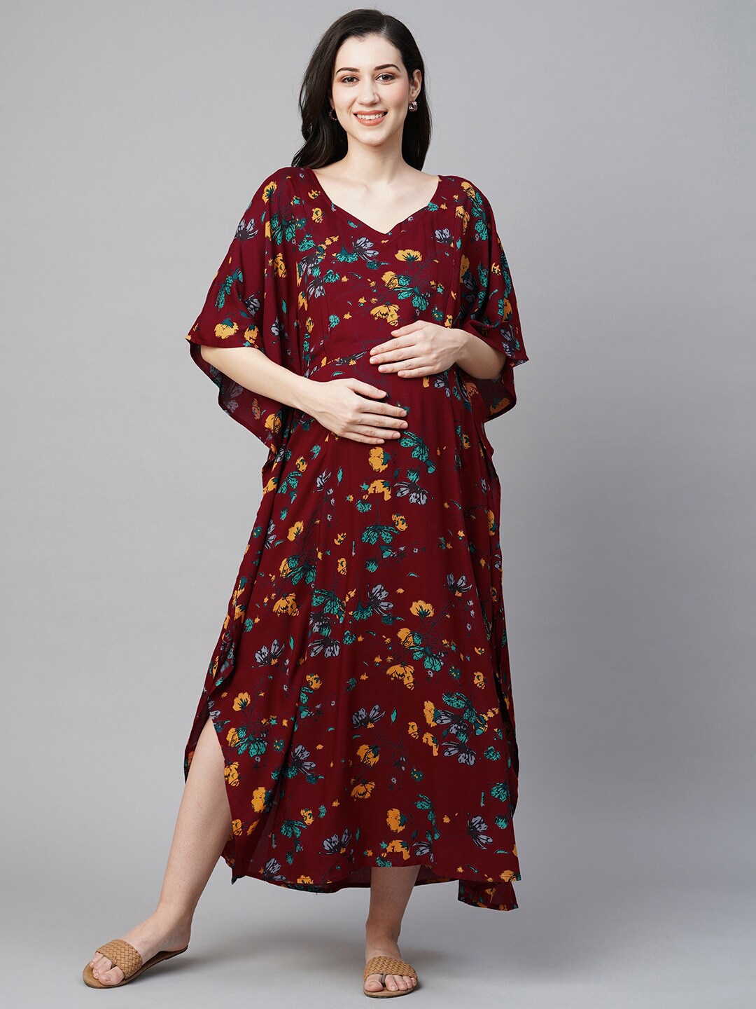 

MomToBe Floral Printed Maternity Kaftan Maxi Sustainable Nightdress, Red