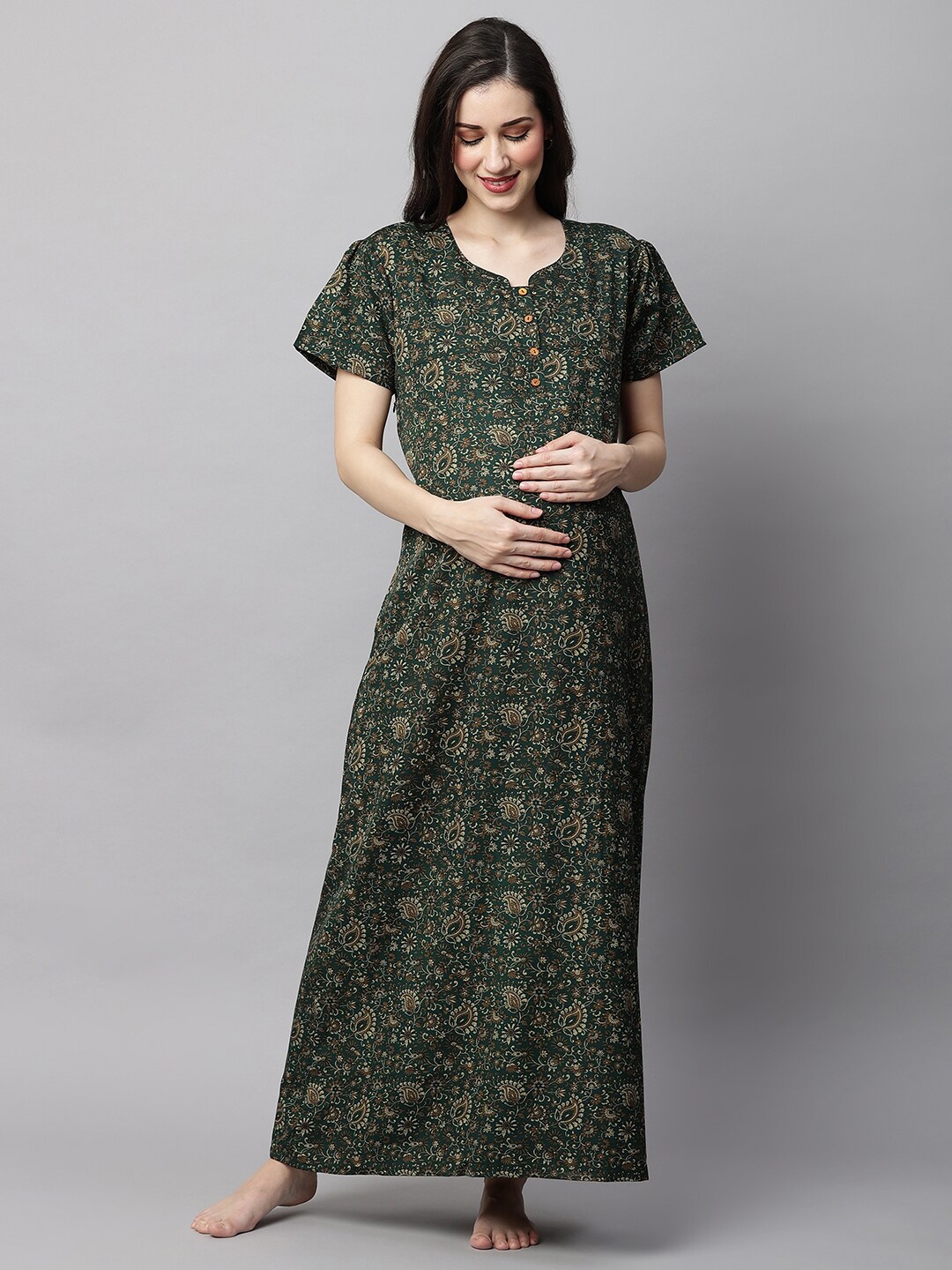 

MomToBe Floral Printed Maternity Maxi Sustainable Nightdress, Green