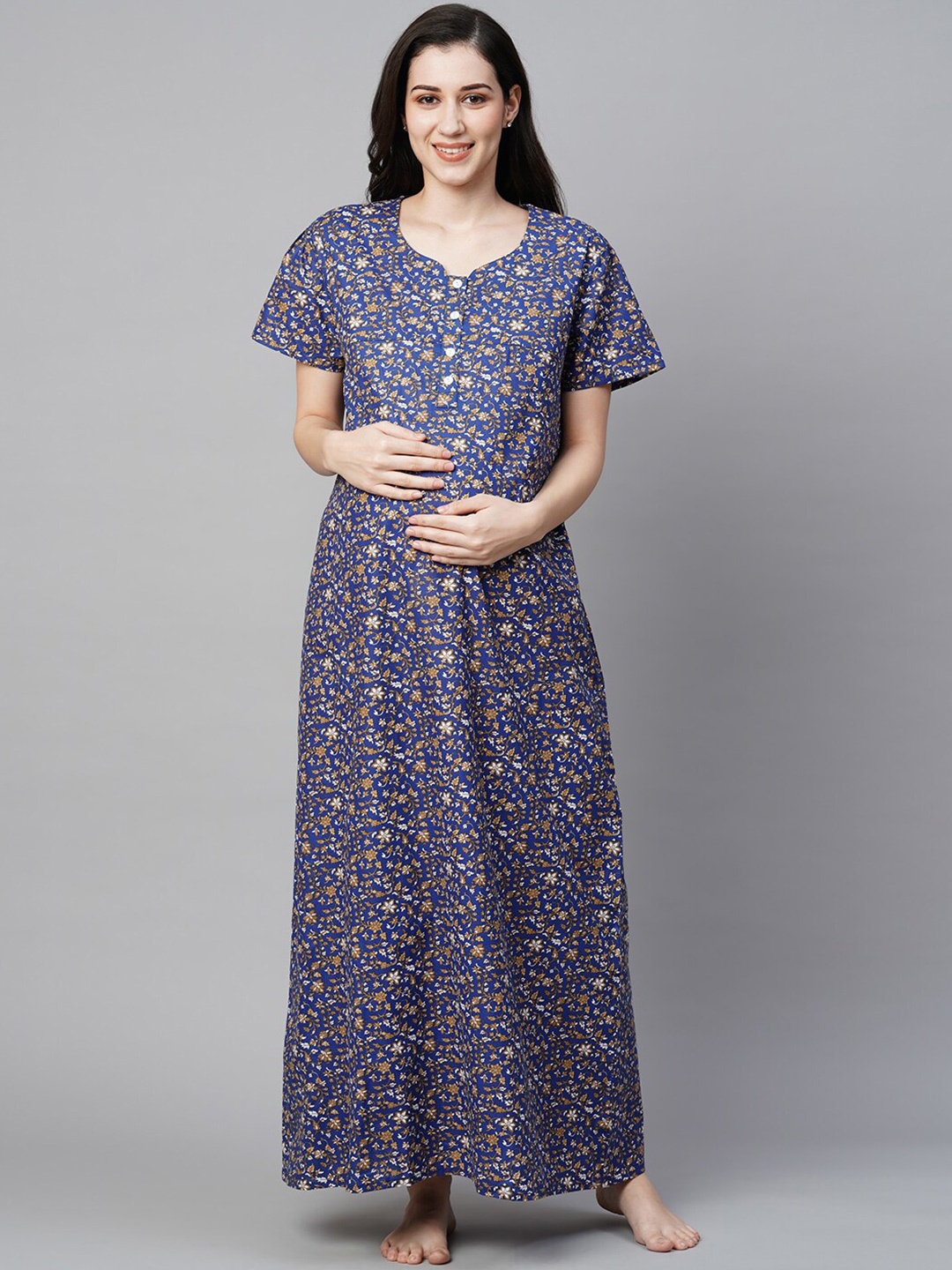 

MomToBe Floral Printed Pure Cotton Maternity Maxi Nightdress, Blue