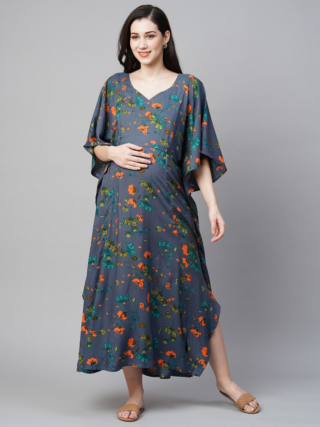 

MomToBe Floral Printed Maternity Kaftan Maxi Sustainable Nightdress, Grey