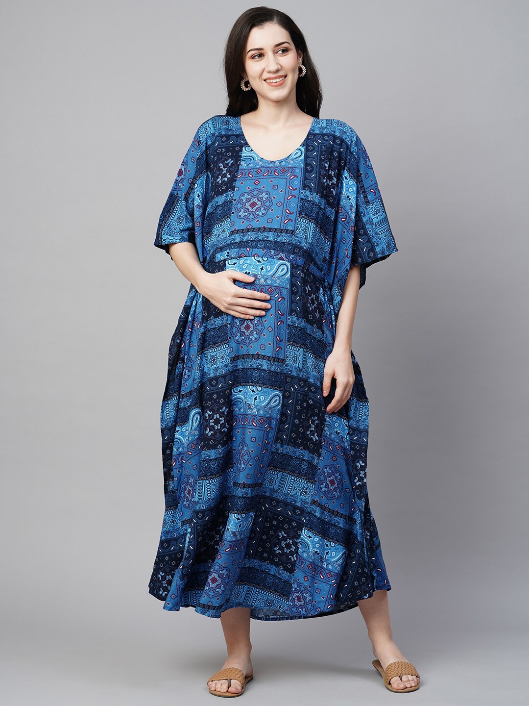 

MomToBe Ethnic Motifs Printed Maternity Kaftan Maxi Sustainable Nightdress, Blue