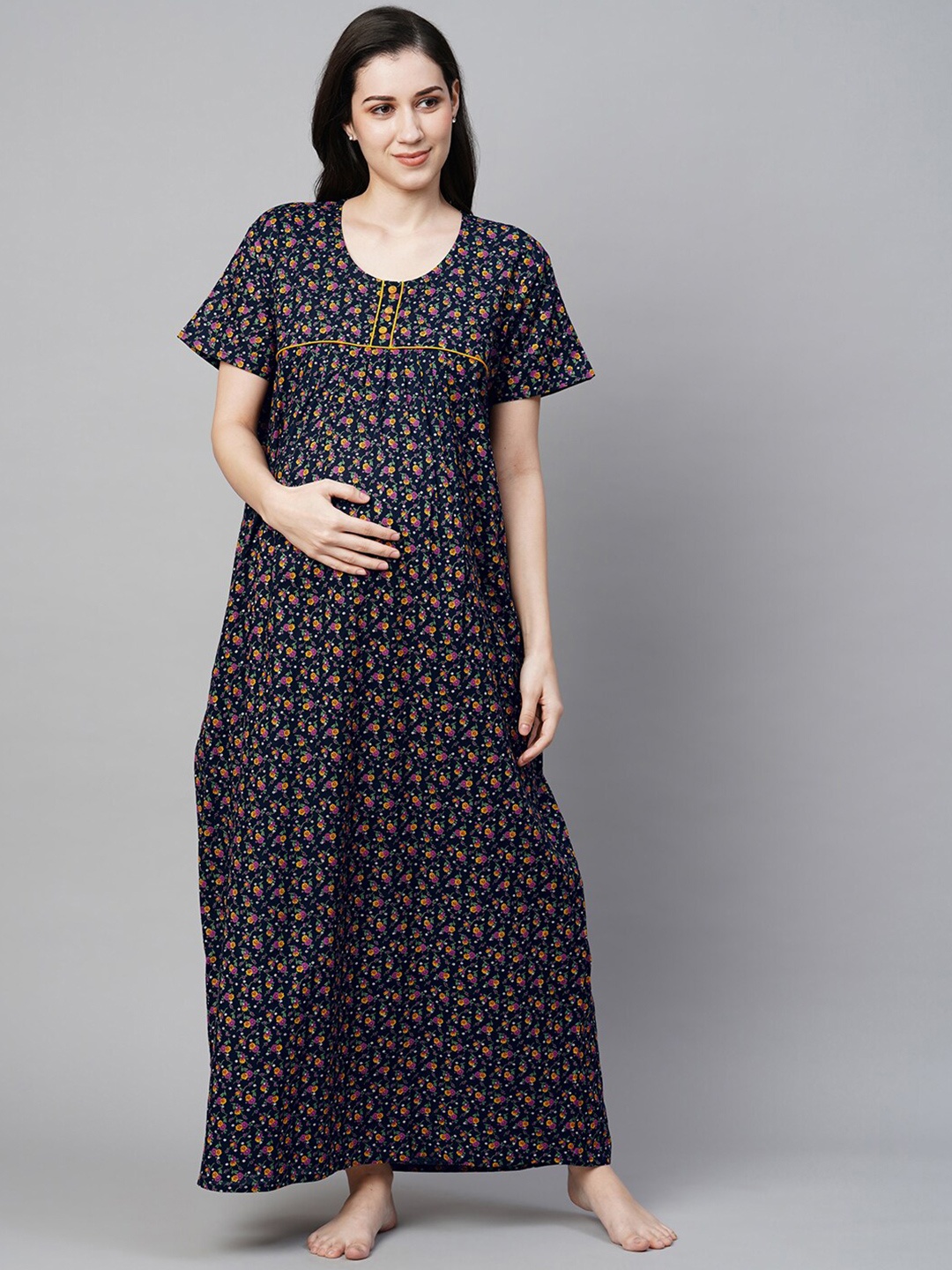 

MomToBe Floral Printed Pure Cotton Maternity Maxi Sustainable Nightdress, Navy blue