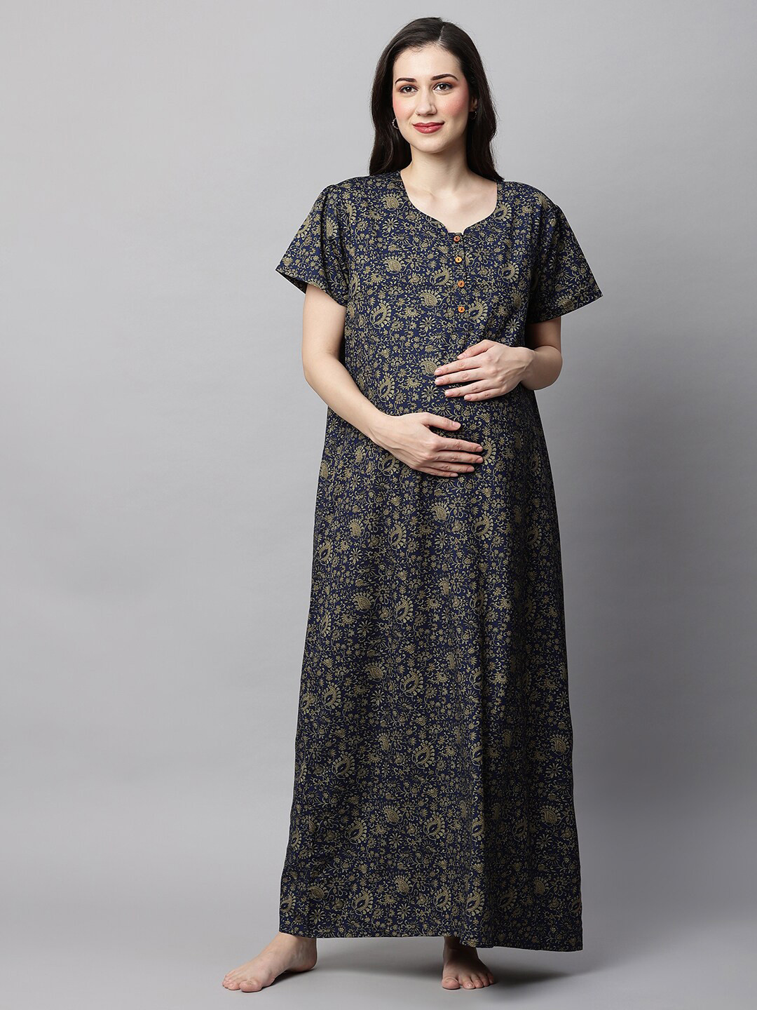 

MomToBe Floral Printed Maternity Maxi Sustainable Nightdress, Blue