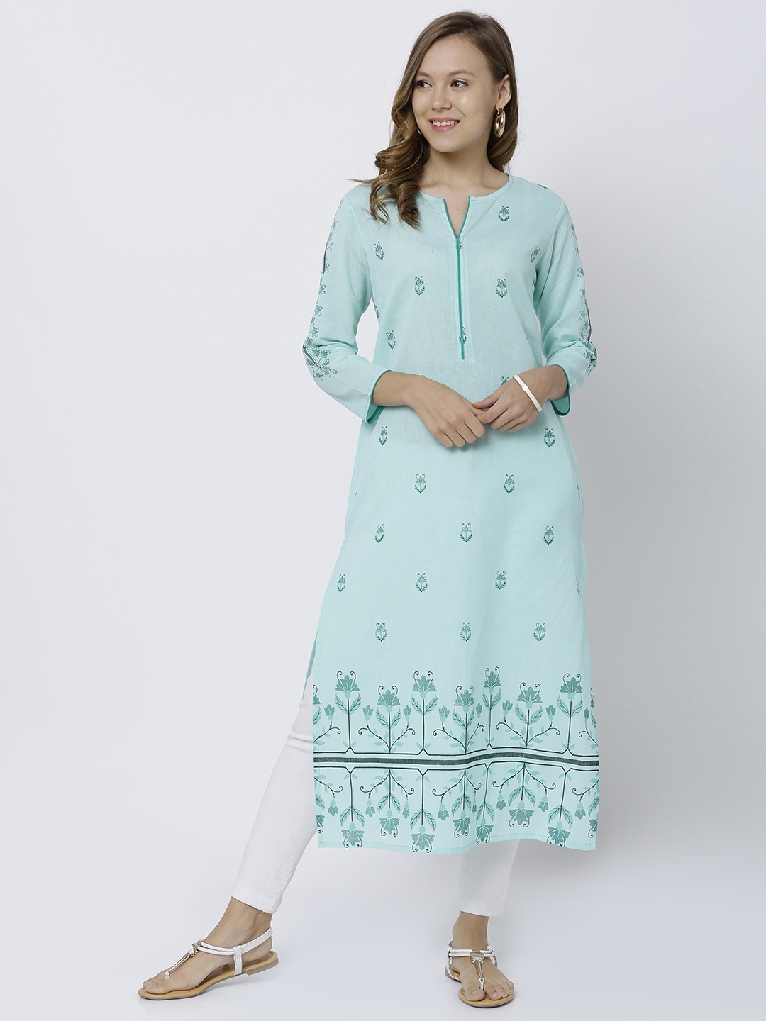 

Vishudh Women Sea Green Printed Straight Kurta