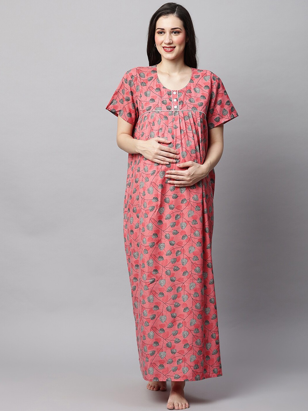 

MomToBe Floral Printed Maternity Maxi Sustainable Nightdress, Pink