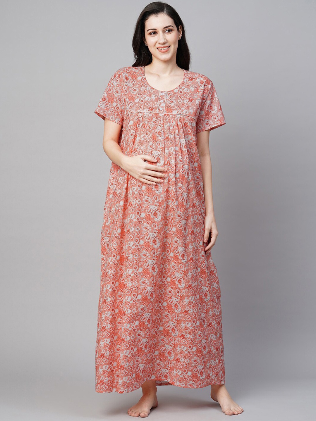 

MomToBe Floral Printed Pure Cotton Maternity Maxi Sustainable Nightdress, Orange
