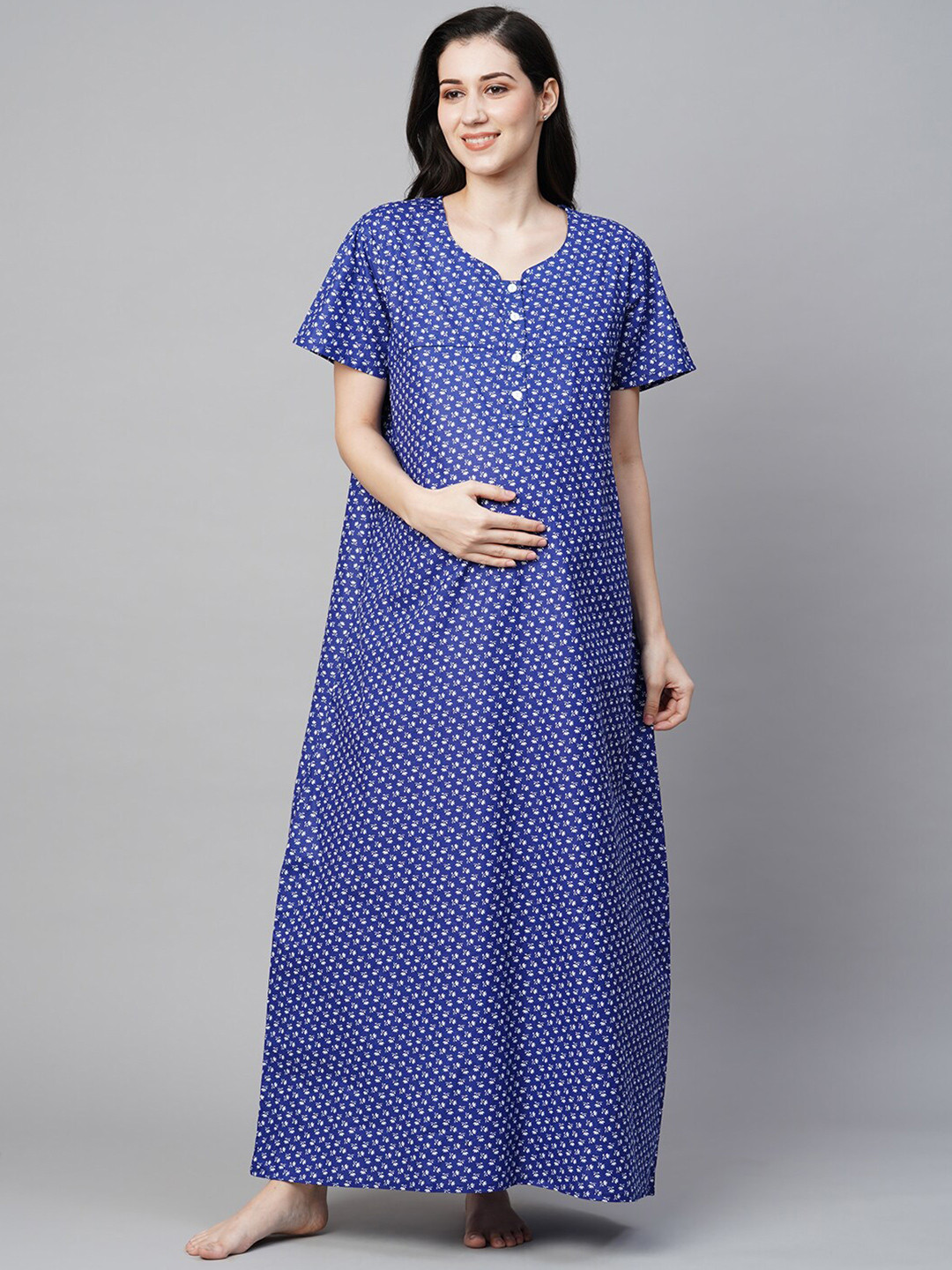 

MomToBe Floral Printed Pure Cotton Maternity Maxi Sustainable Nightdress, Blue