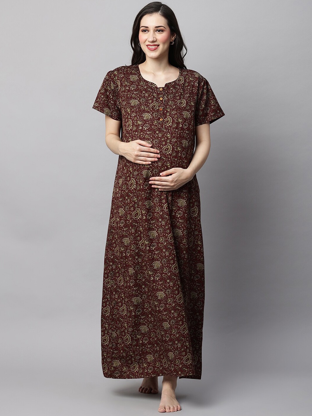 

MomToBe Floral Printed Maternity Maxi Nightdress, Maroon