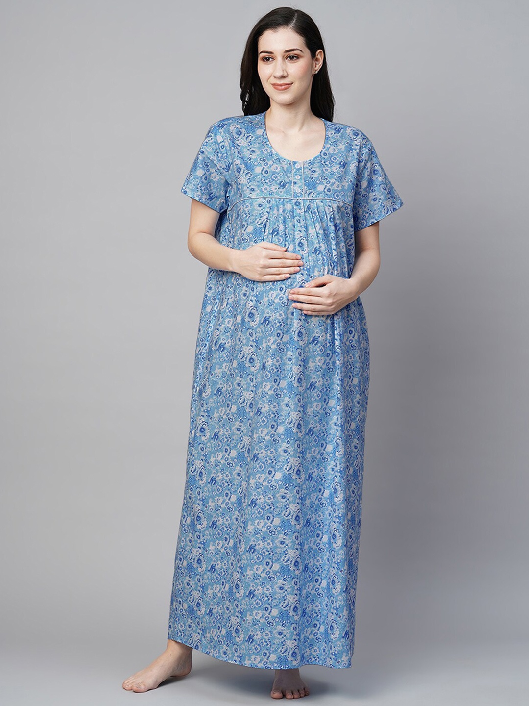 

MomToBe Floral Printed Pure Cotton Maternity Maxi Sustainable Nightdress, Blue