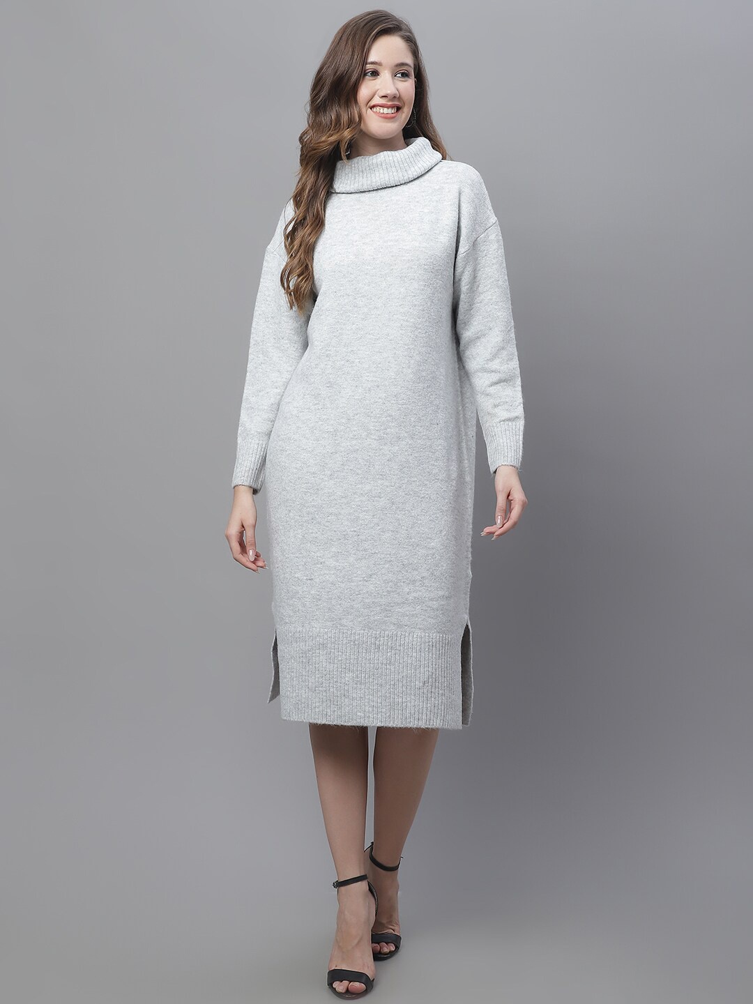 

NoBarr Mock Collar Acrylic Sheath Midi Dress, Grey