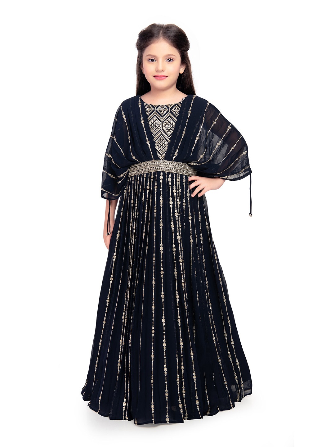 

Tiny Kingdom Girls Ethnic Motif Embroidered Georgette Fit & Flare Maxi Ethnic Dress, Navy blue