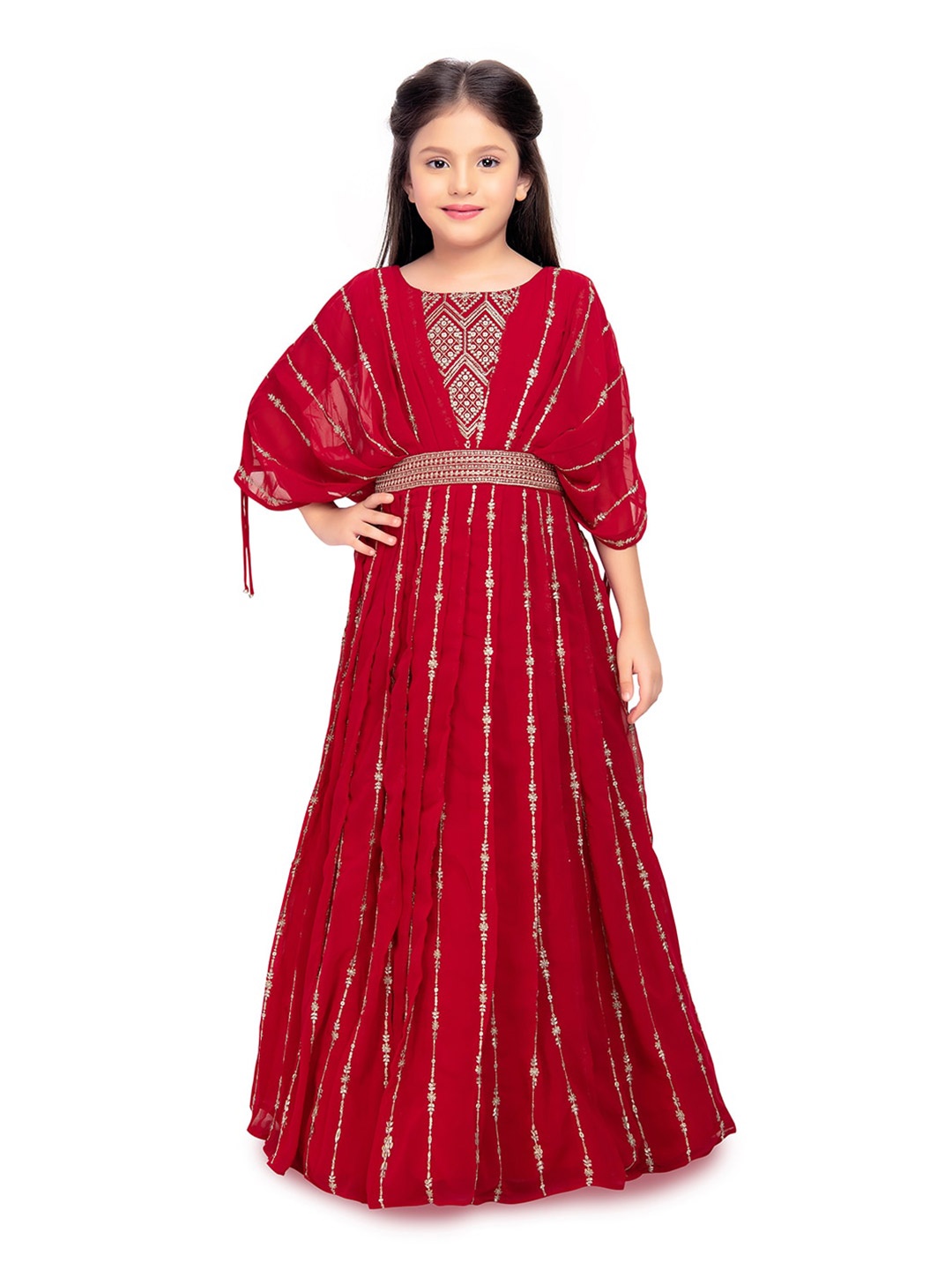 

Tiny Kingdom Girls Ethnic Motif Embroidered Georgette Fit & Flare Maxi Ethnic Dress, Red