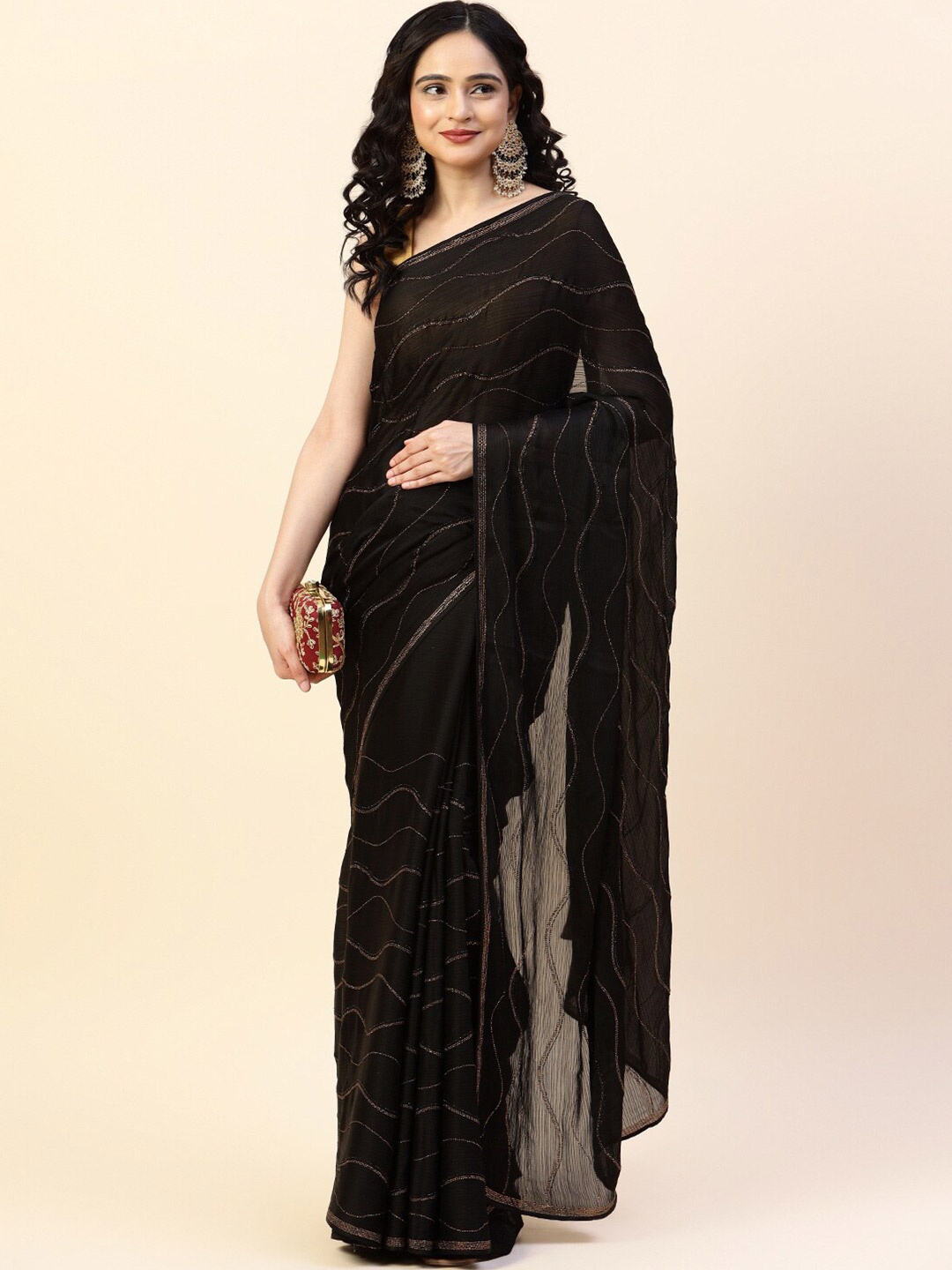 

Meena Bazaar Embellished Stones Work Poly Chiffon Saree, Black