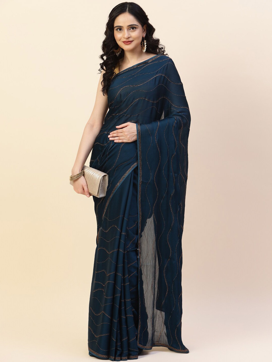 

Meena Bazaar Embellished Stones Work Poly Chiffon Saree, Teal