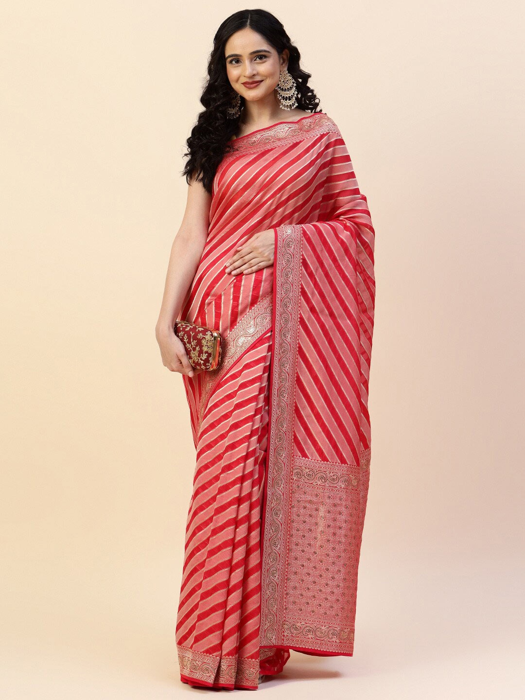 

Meena Bazaar Ethnic Motif Woven Design Zari Organza Saree, Pink