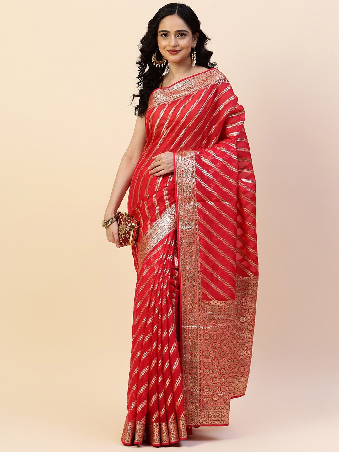 

Meena Bazaar Ethnic Motif Woven Design Zari Organza Saree, Pink