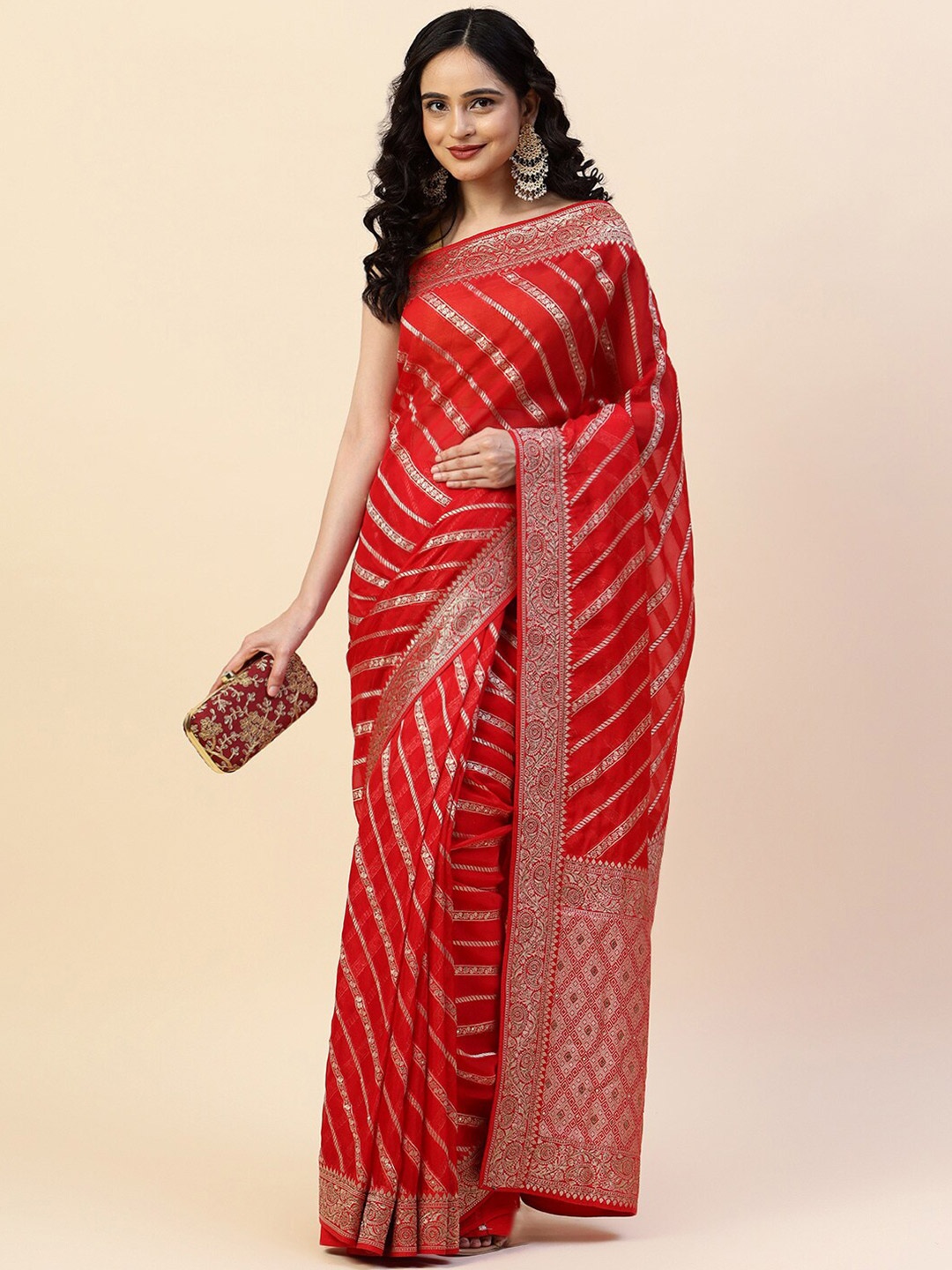 

Meena Bazaar Ethnic Motif Woven Design Zari Organza Saree, Red