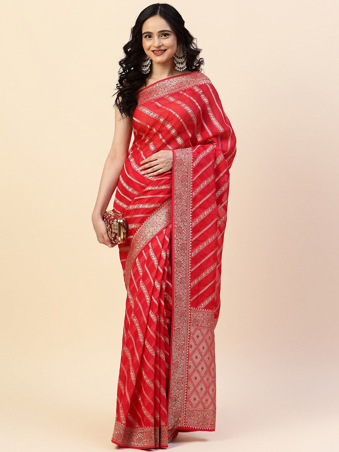 

Meena Bazaar Ethnic Motif Woven Design Zari Organza Saree, Pink