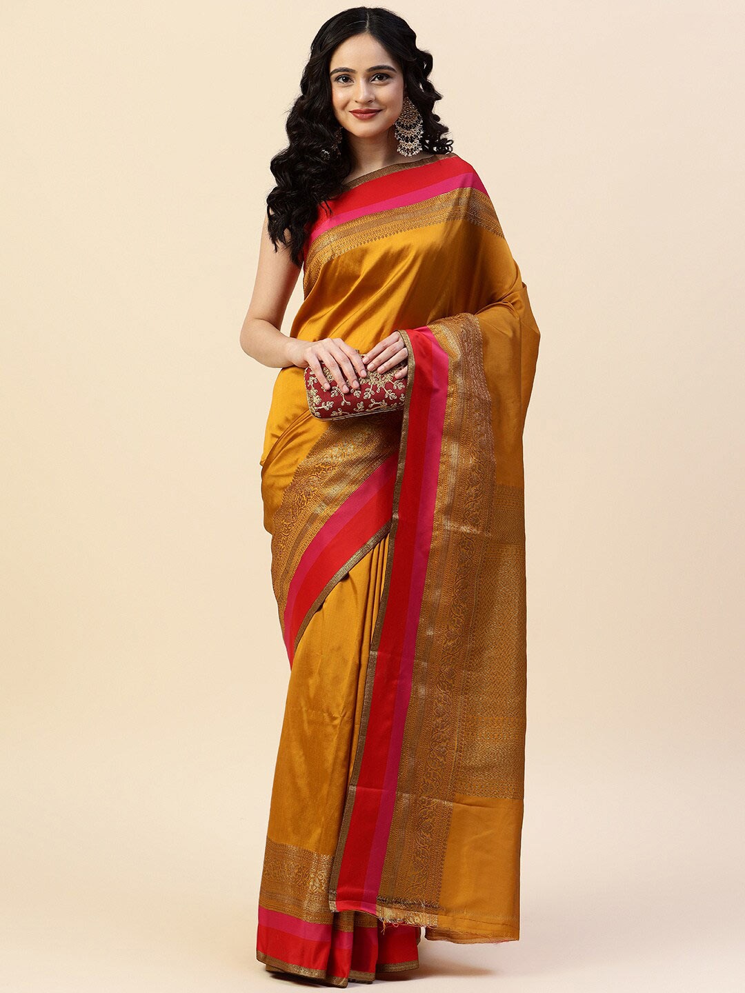 

Meena Bazaar Ethnic Motif Woven Design Zari Banarasi Saree, Mustard