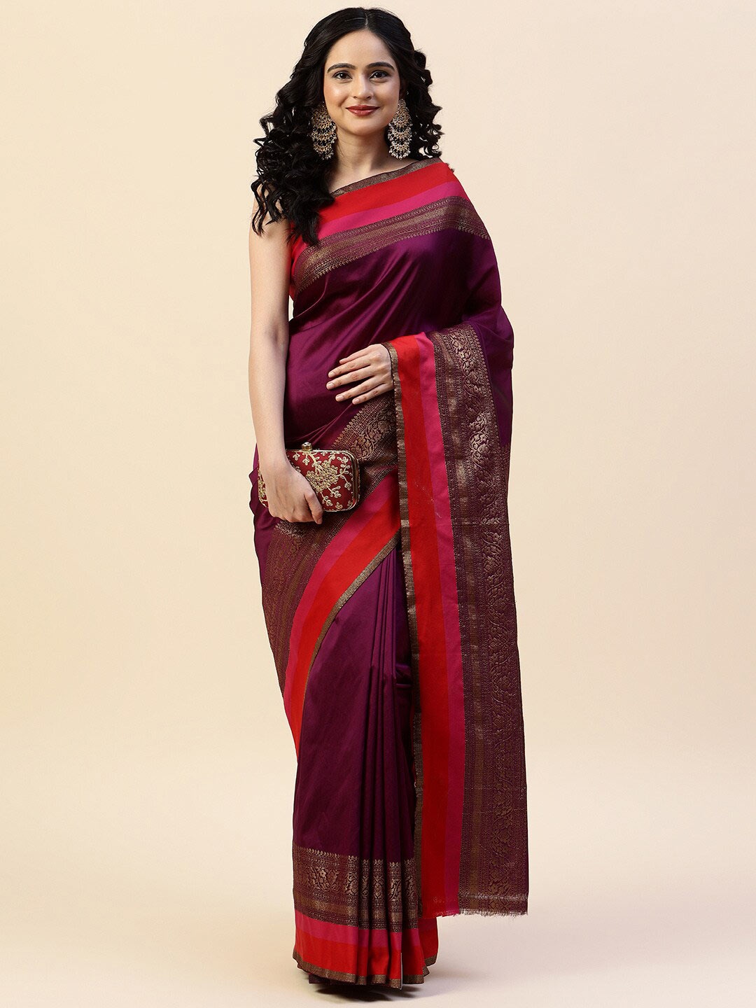 

Meena Bazaar Ethnic Motif Woven Design Zari Banarasi Saree, Purple