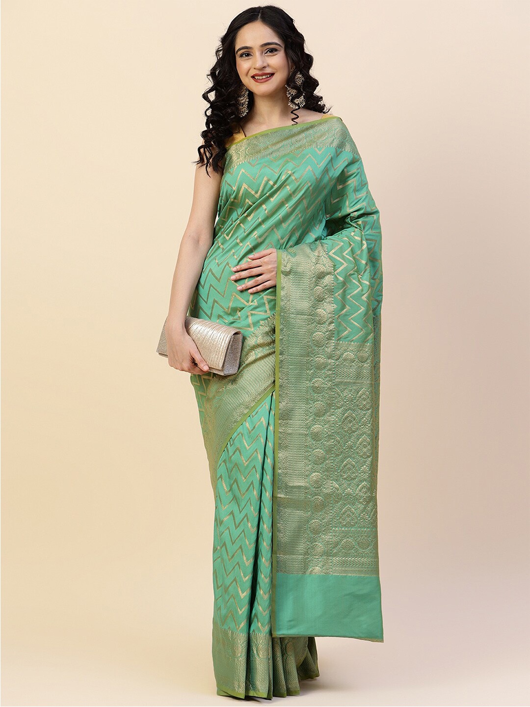 

Meena Bazaar Ethnic Motif Woven Design Zari Art Silk Saree, Green