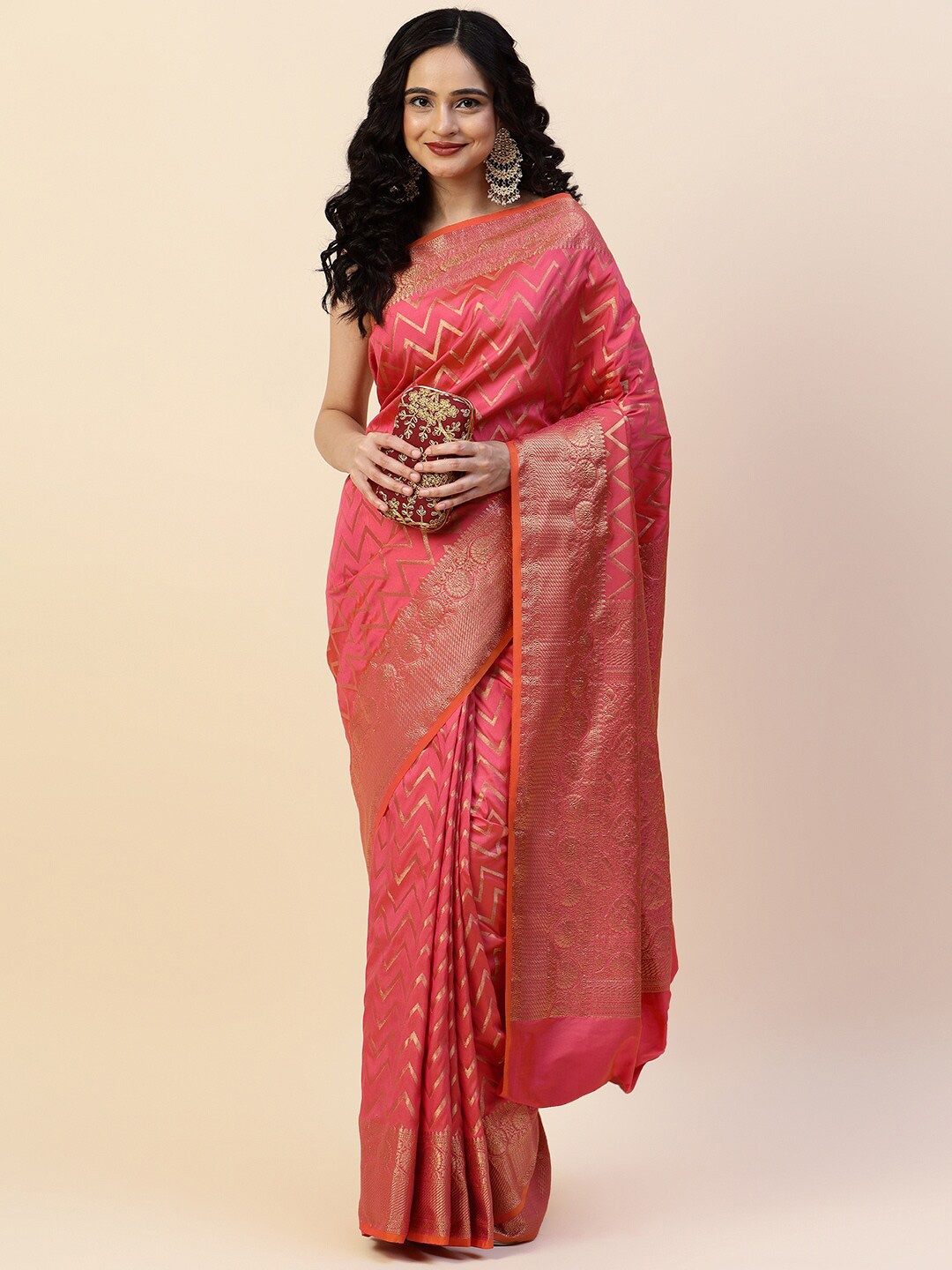 

Meena Bazaar Ethnic Motif Woven Design Zari Art Silk Saree, Peach