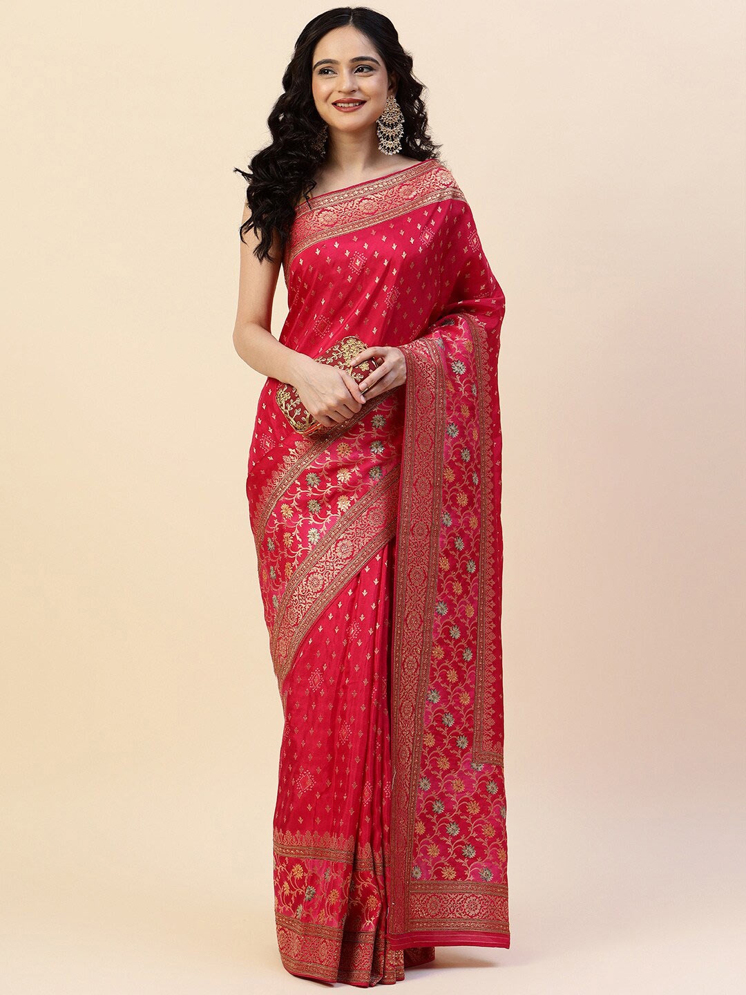 

Meena Bazaar Ethnic Motif Woven Design Zari Saree, Pink