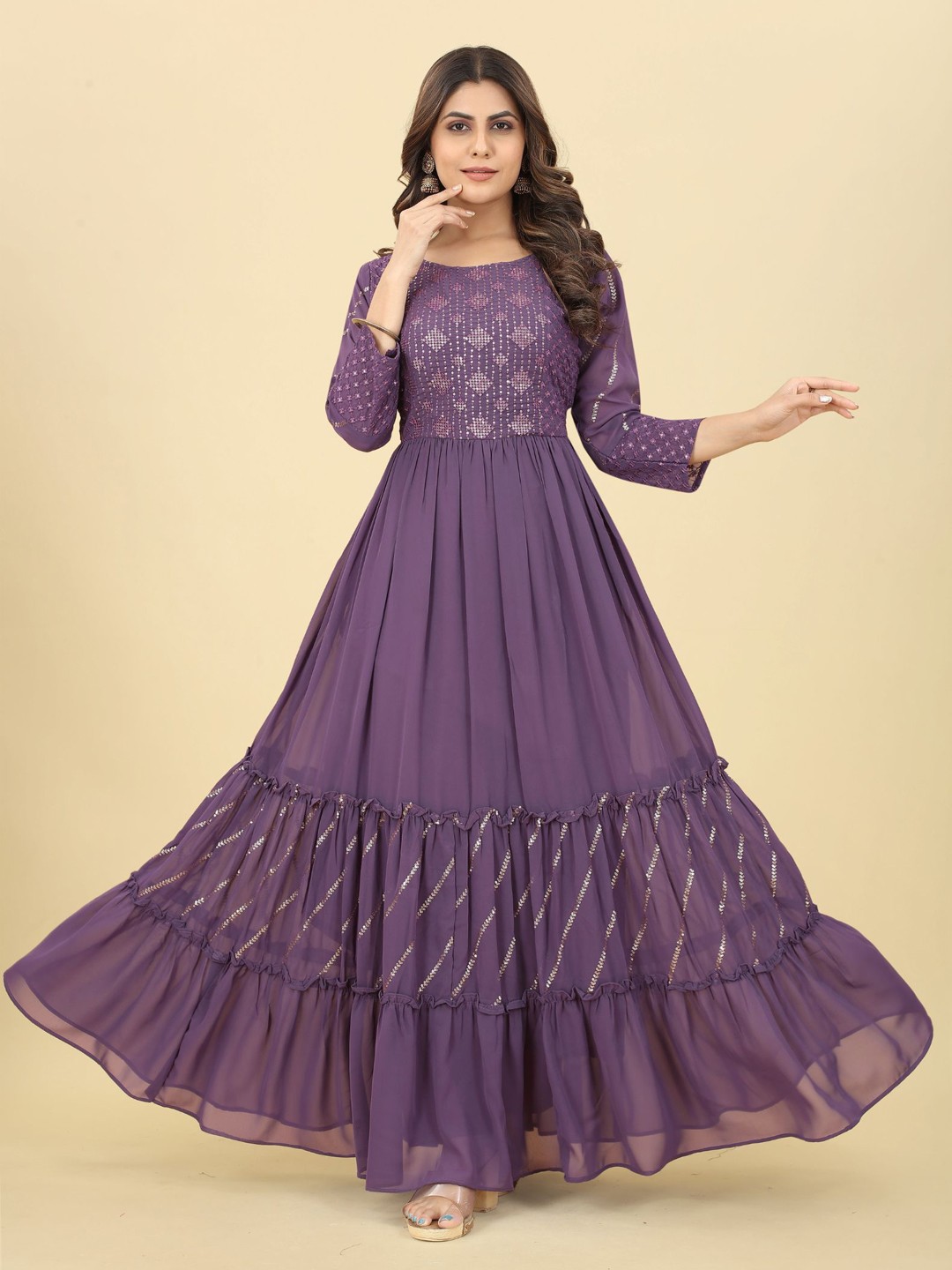 

KALINI Embroidered Sequinned Fit And Flare Georgette Maxi Dress, Mauve