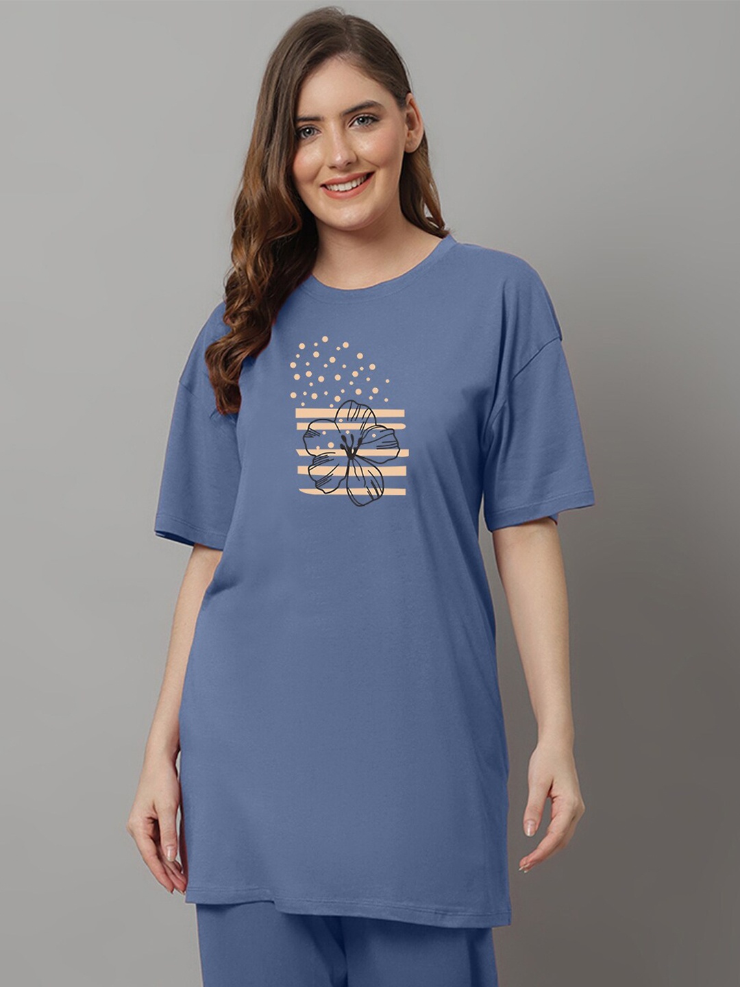 

Kanvin Typography Printed Drop-Shoulder Sleeves Oversized T-shirt, Blue