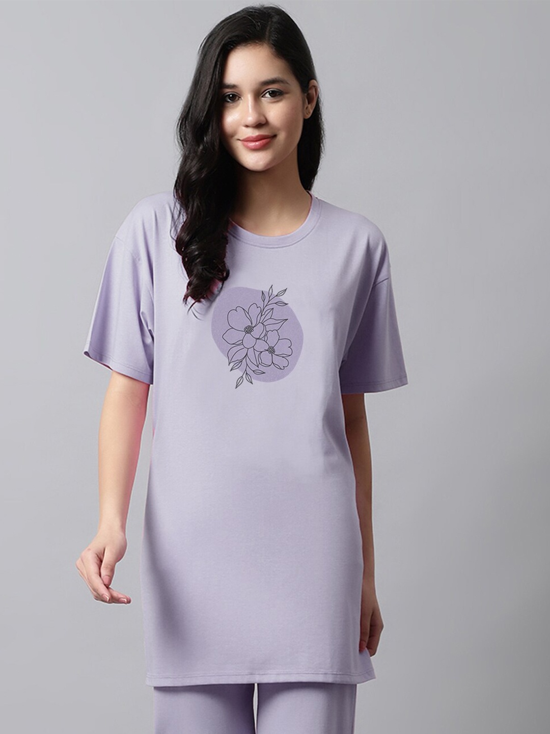 

Kanvin Floral Printed Drop-Shoulder Sleeves Oversized T-shirt, Violet