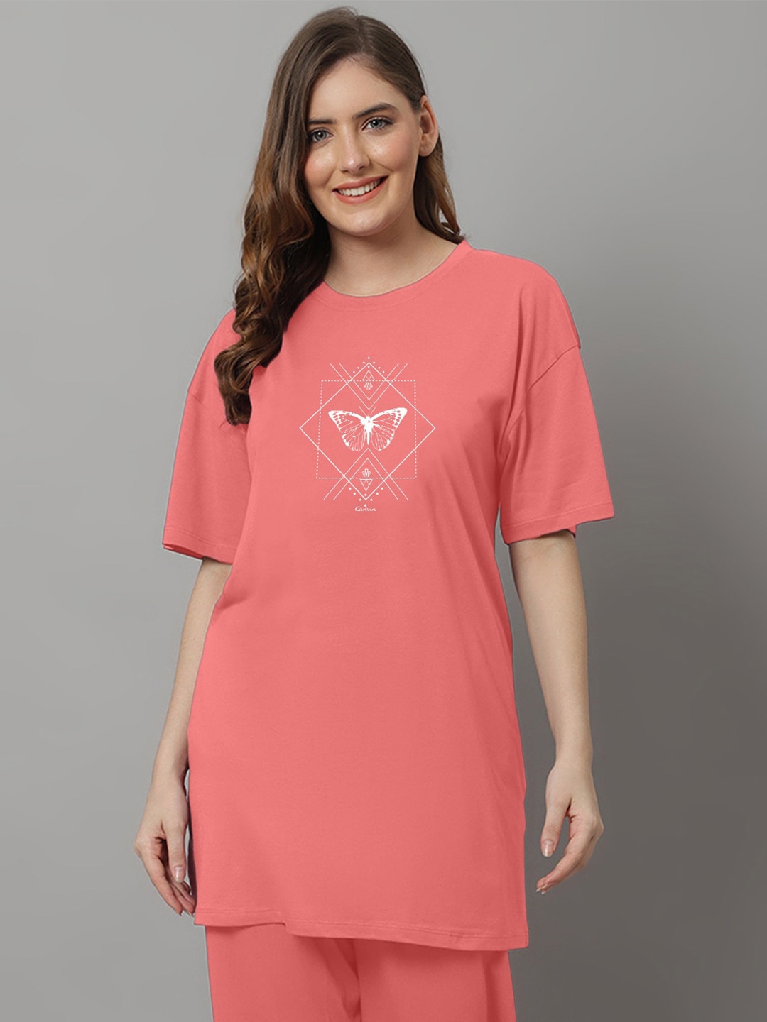 

Kanvin Peach-Coloured Graphic Printed Loose T-shirt