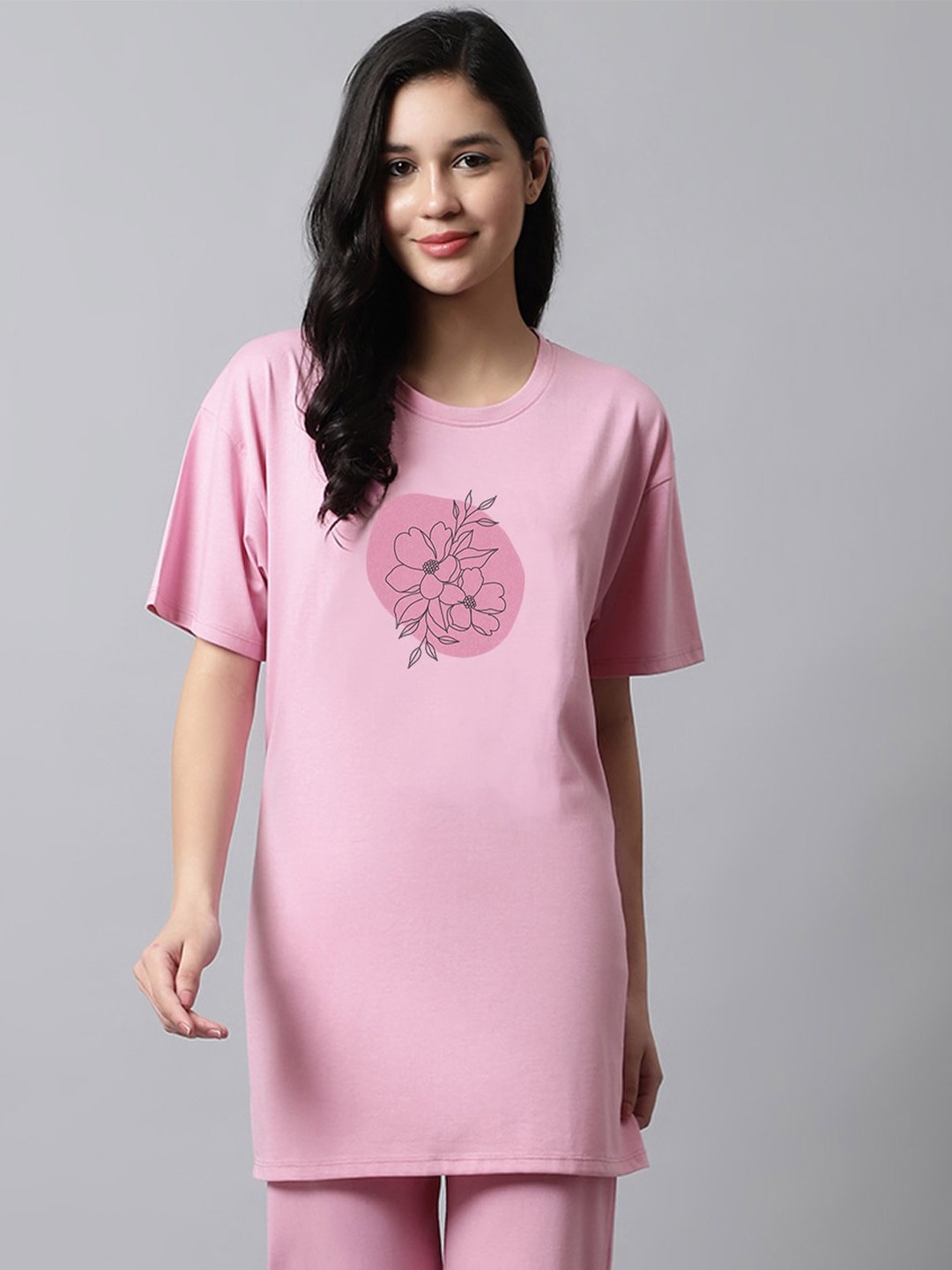 

Kanvin Pink Floral Printed Loose T-shirt