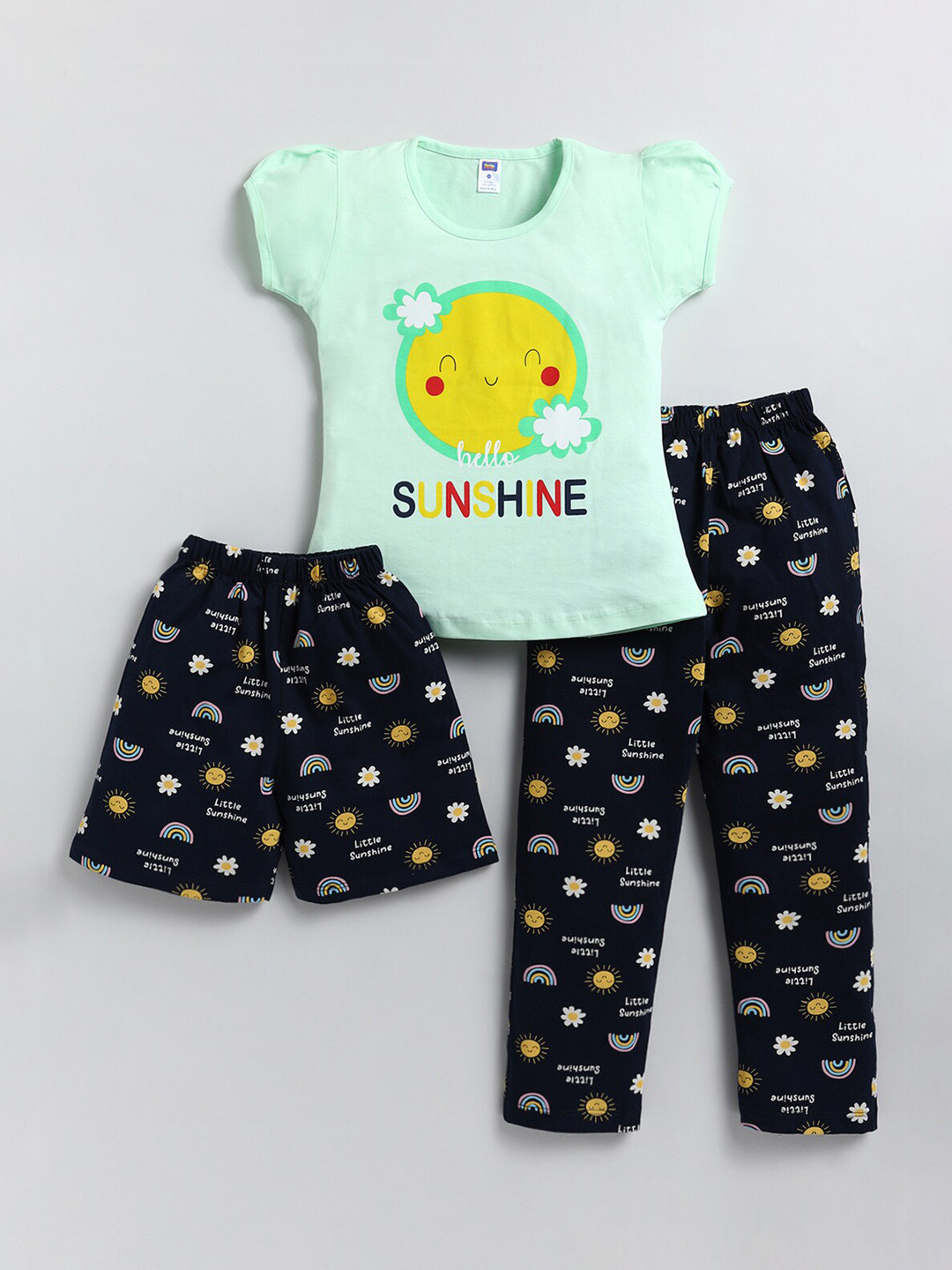 

Nottie Planet Girls 3 Pieces Conversational Printed Night Suit, Green