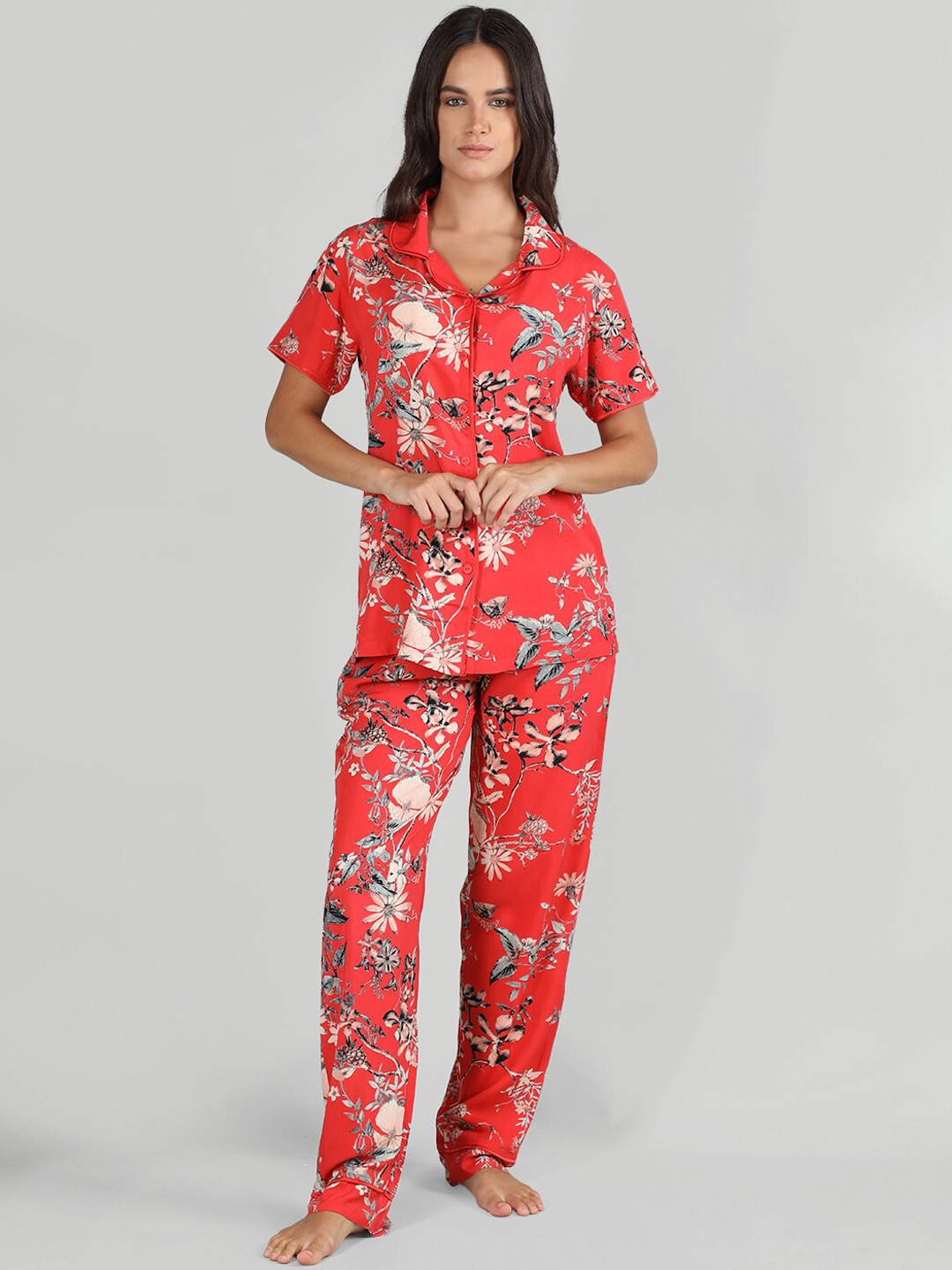 

Organzaa Floral Printed Night Suit, Red