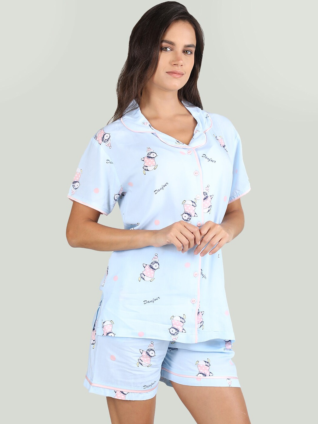 

Organzaa Conversational Printed Night Suit, Blue