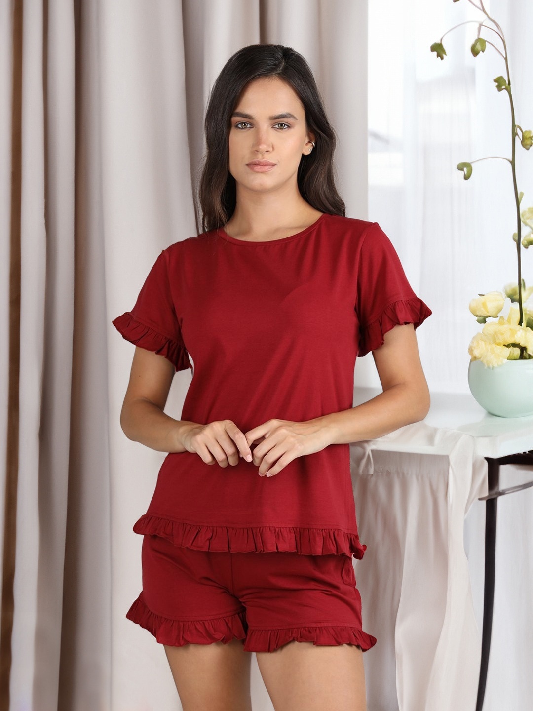 

Organzaa Round Neck Night Suit, Red