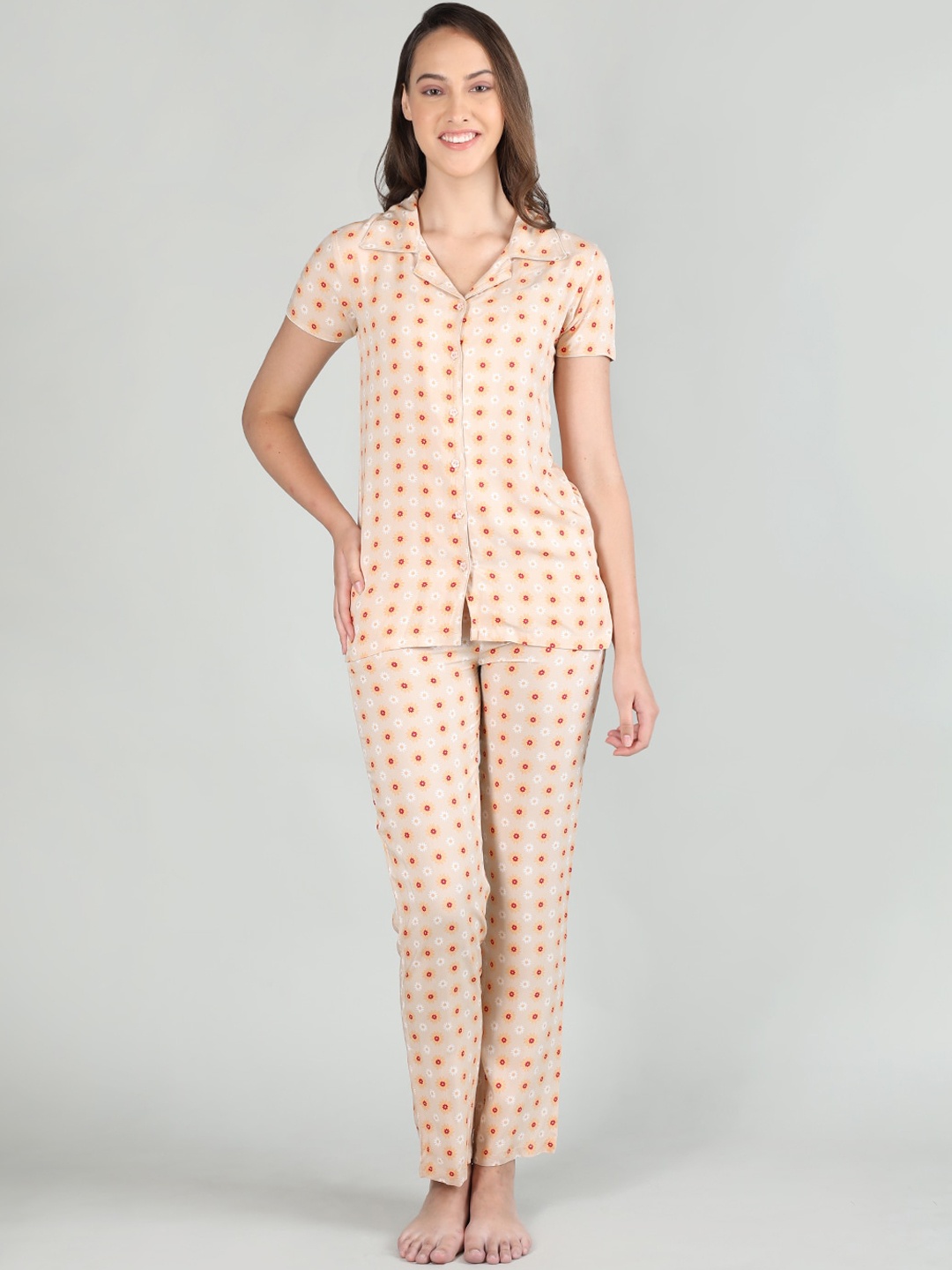 

Organzaa Floral Printed Night Suit, Peach