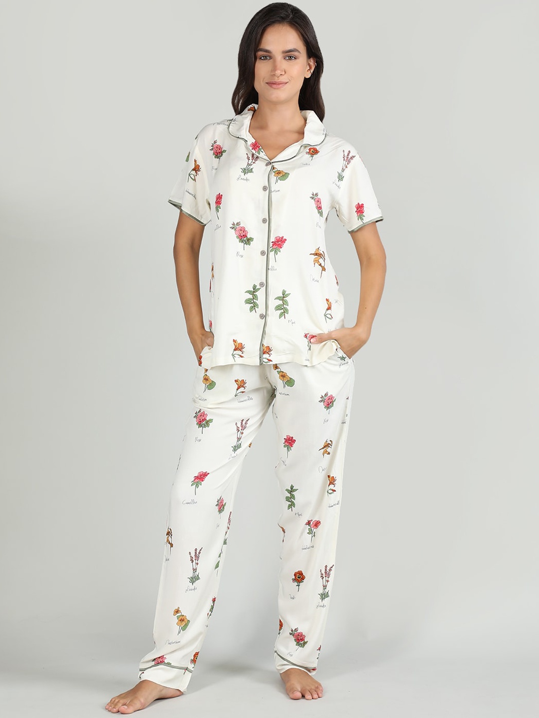 

Organzaa Floral Printed Night Suit, Off white