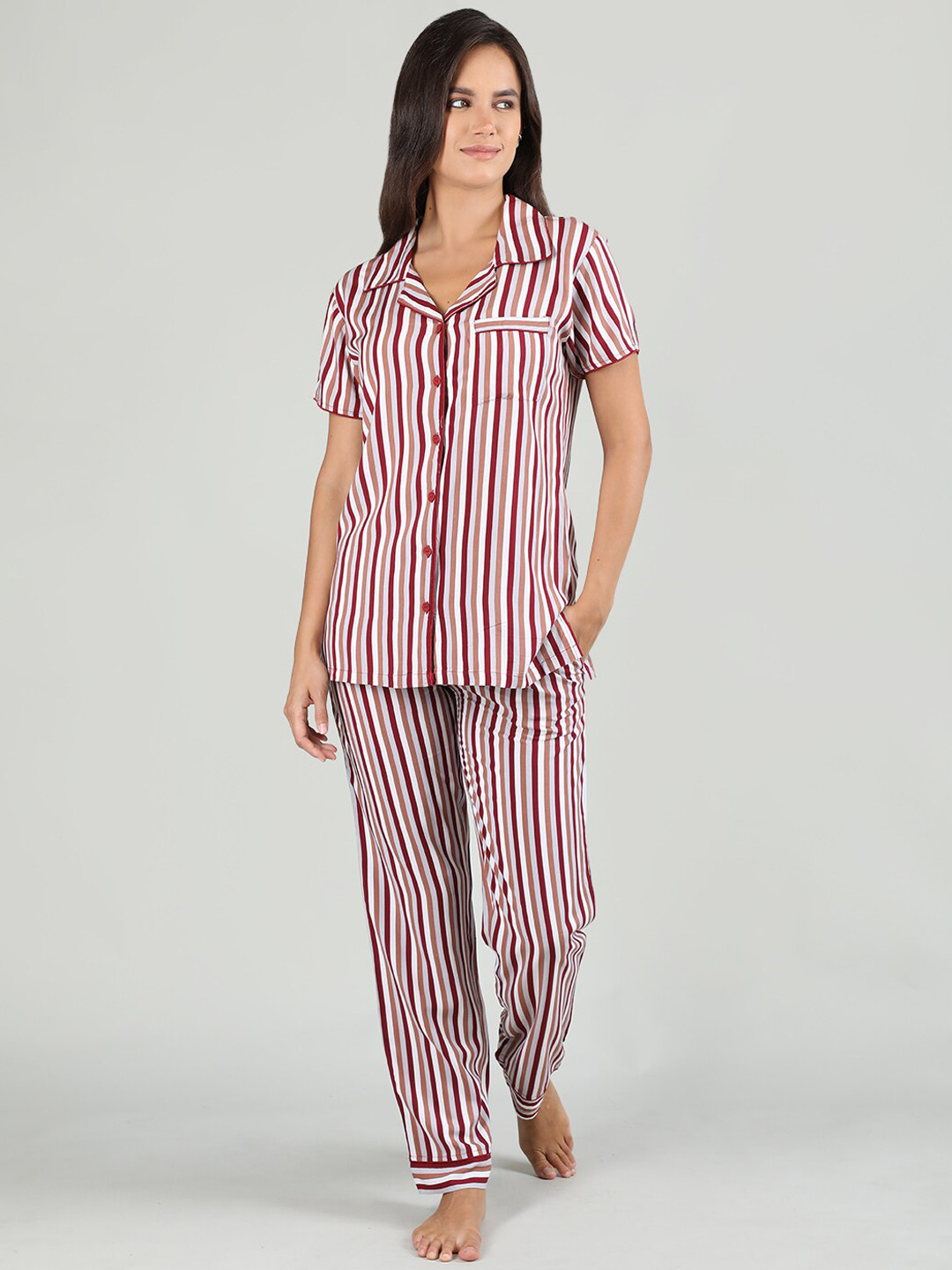 

Organzaa Striped Night Suit, Maroon