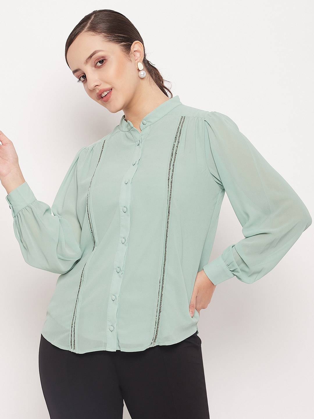 

Madame Mandarin Collar Cuffed Sleeves Cotton Shirt Style Top, Green