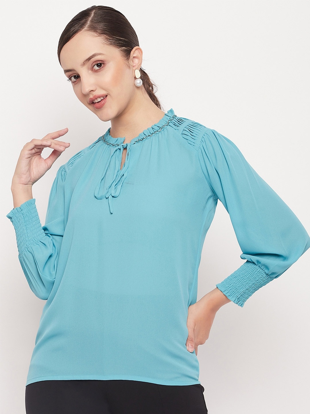 

Madame Tie-Up Neck Puff Sleeves Cotton Top, Turquoise blue