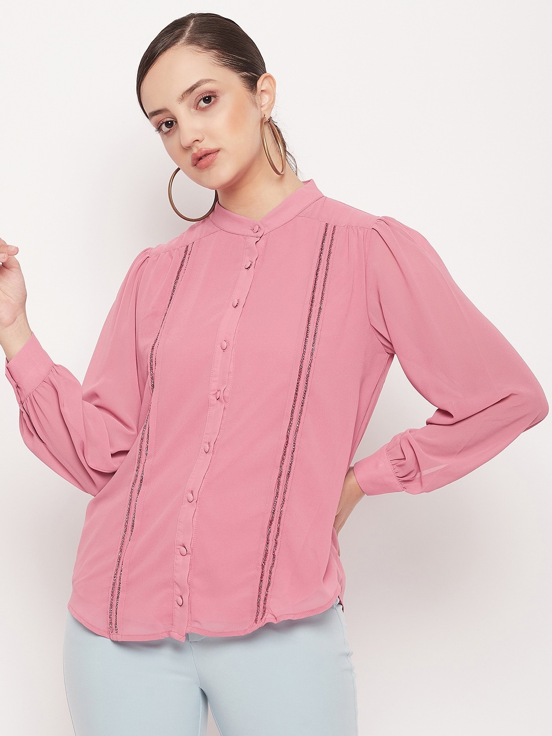 

Madame Mandarin Collar Cotton Shirt Style Top, Pink