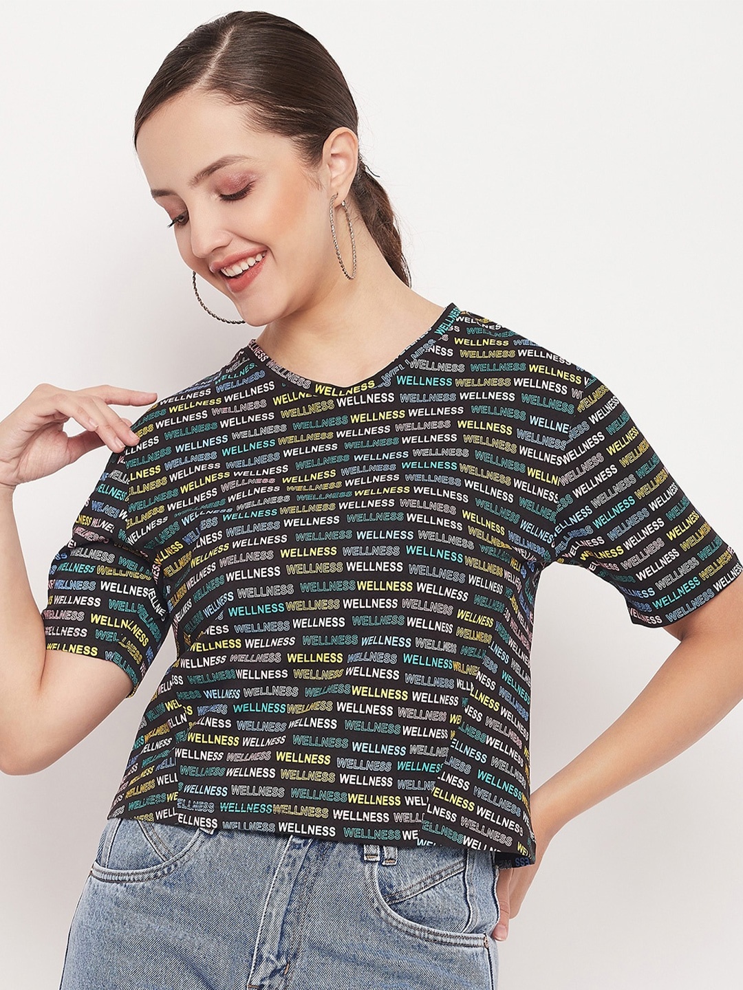 

Madame Typography Printed V-Neck Cotton Tshirt, Black