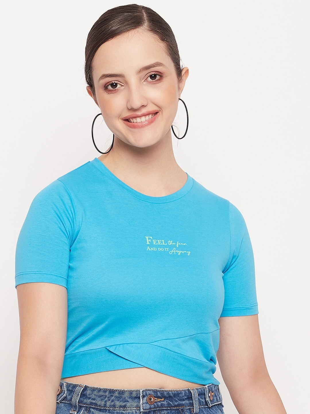 

Madame Typography Round Neck Cotton Crop Top, Blue