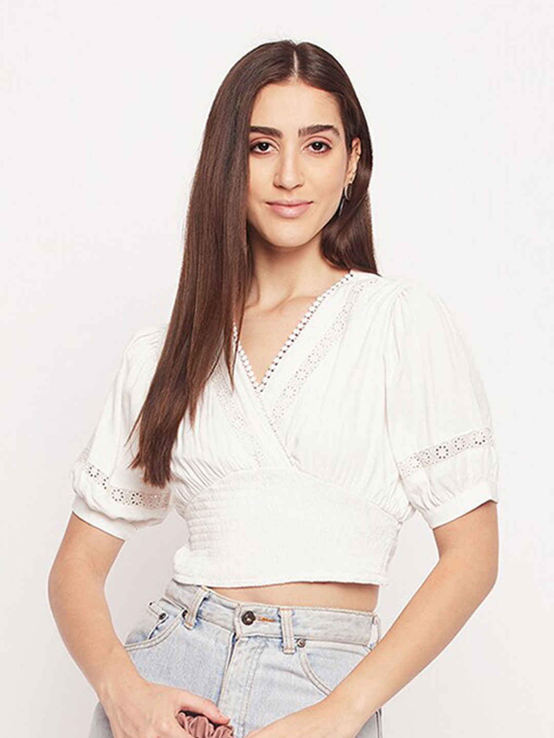 

Madame Puff Sleeves Cotton Wrap Crop Top, White