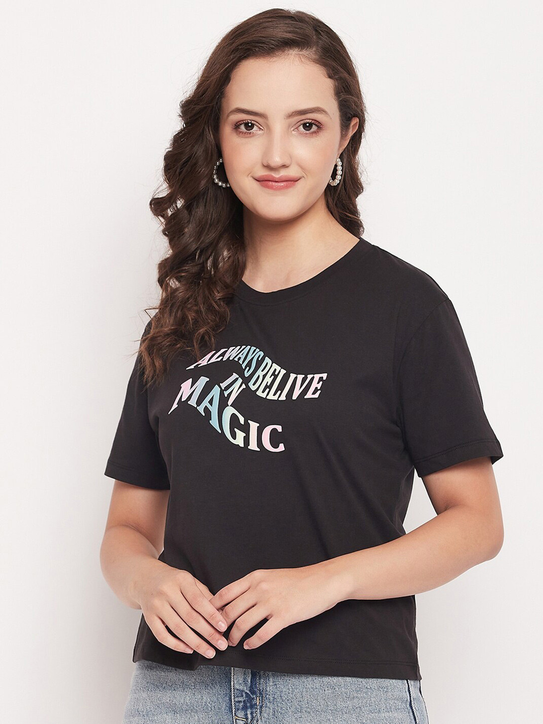 

Madame Typography Printed Cotton T-shirt, Black