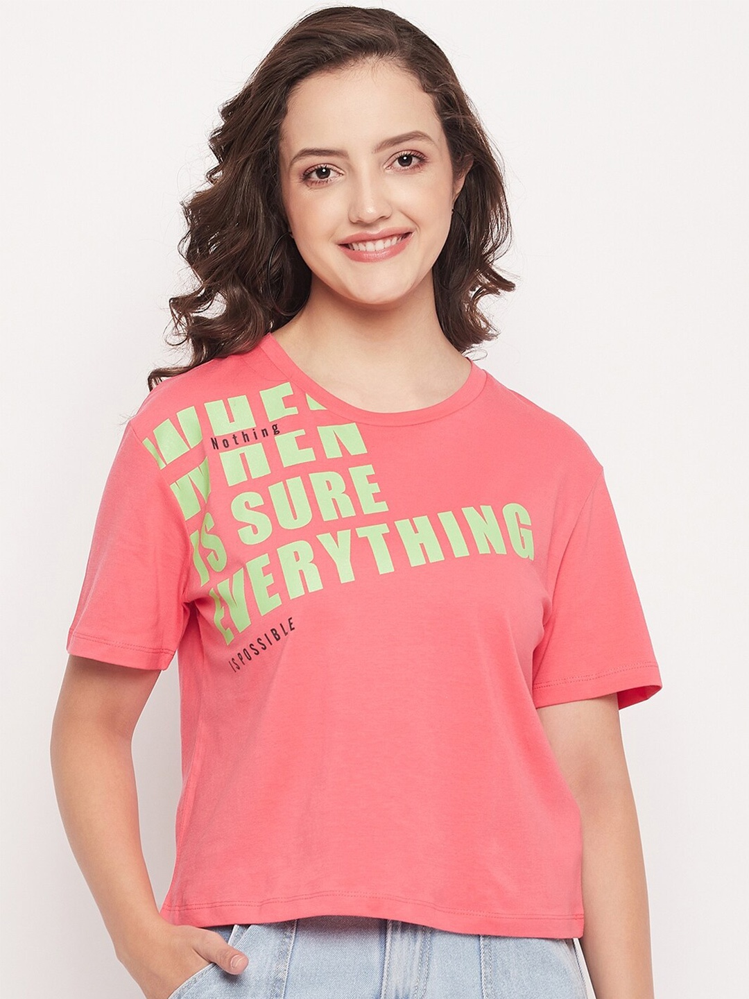 

Madame Typography Printed Cotton Crop T-Shirt, Pink