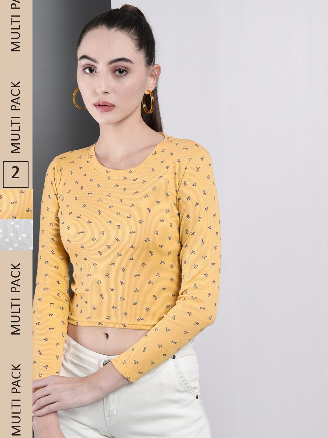 

GUTI Yellow Pack Of 2 Floral Print Cotton Crop Top