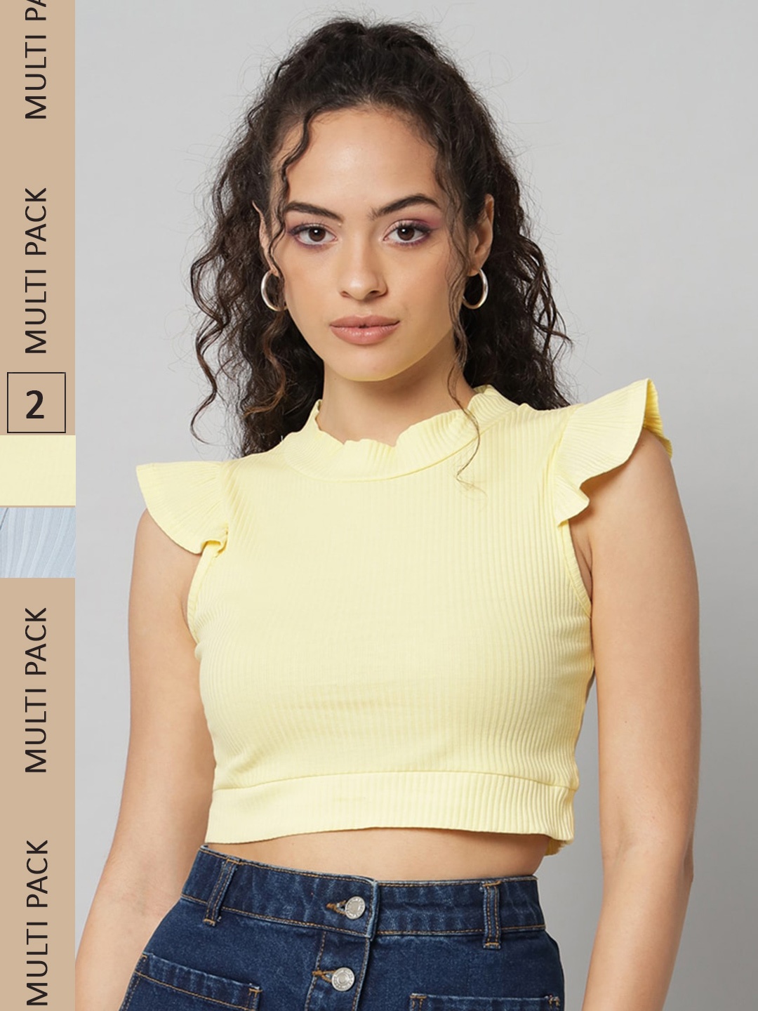 

GUTI Pack Of 2 High Neck Flutter Sleeves Cotton Crop Tops, Yellow