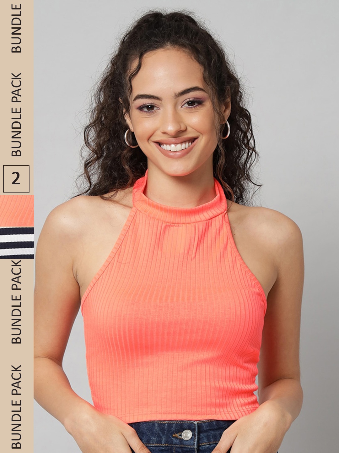 

GUTI Pack Of 2 Halter Neck Cotton Fitted Crop Top, Orange